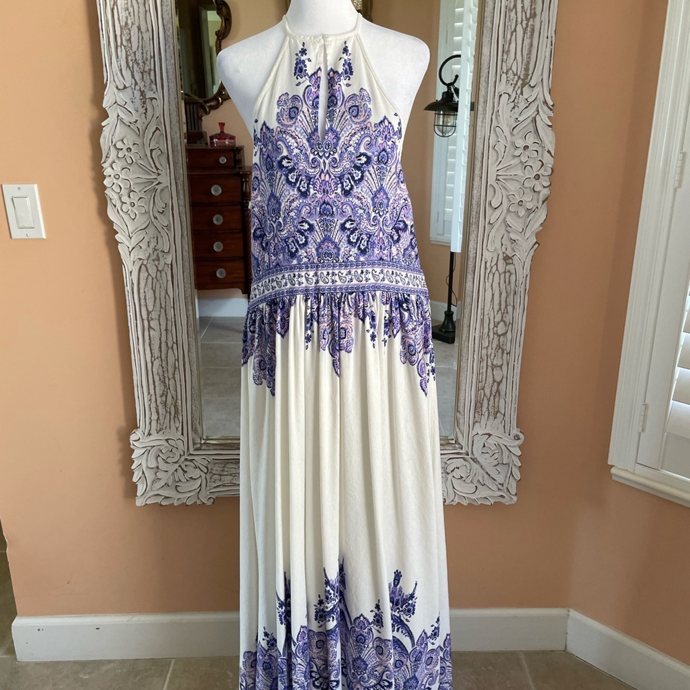 Boho Halter Maxi Dress with Blue Paisley Print